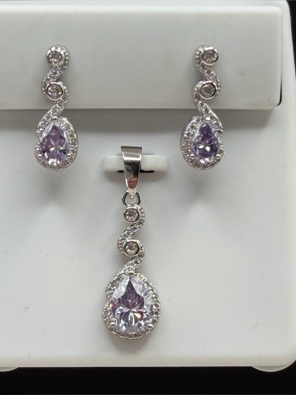 Sterling Silver .925 Lavender Purple & Clear Moissanite Pendant & Earring Set